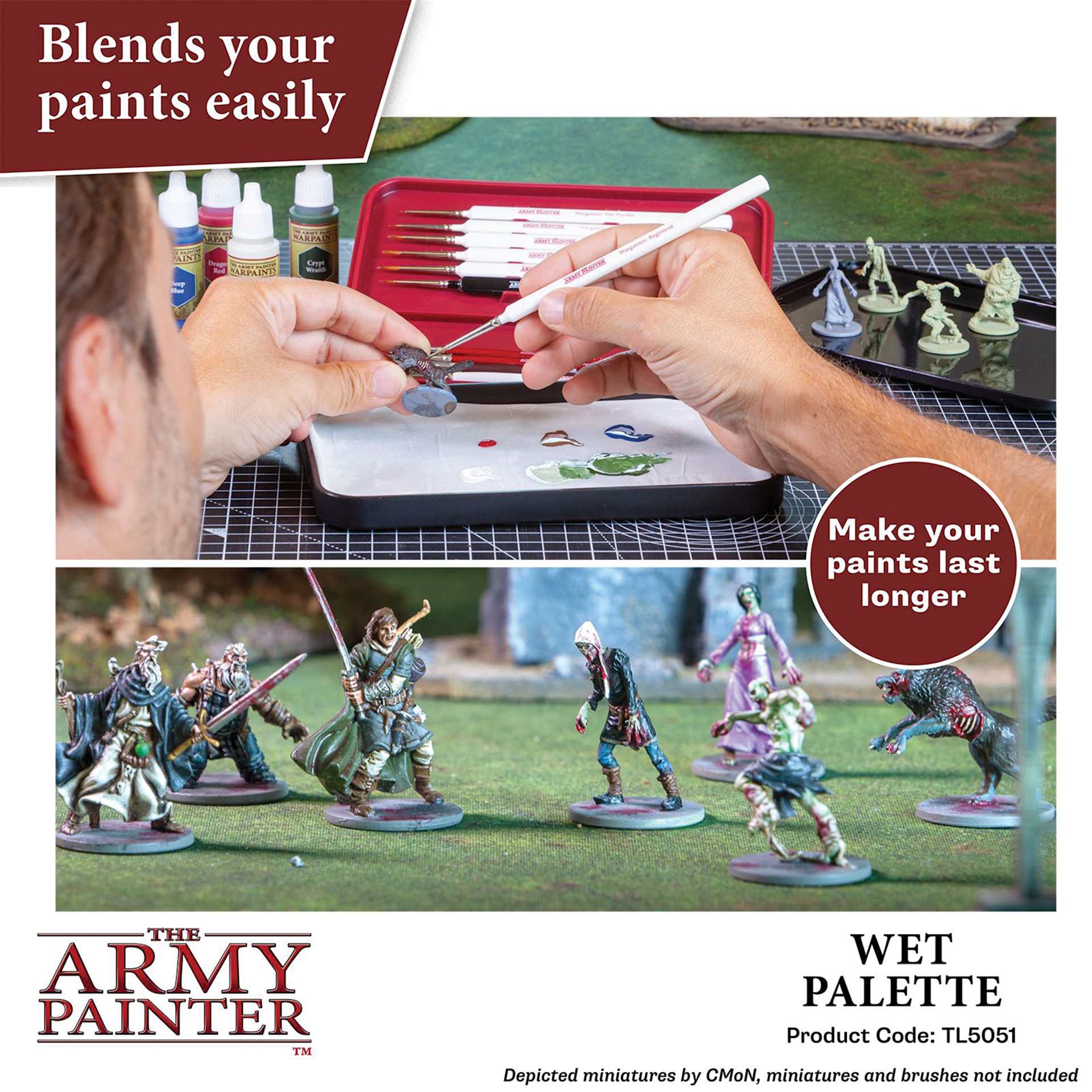 The Army Painter Wet Palette blends your paints easily. Make your paints last longer. Product Code TL5051. Depicted miniatures by CMon, miniatures and brushes not included.