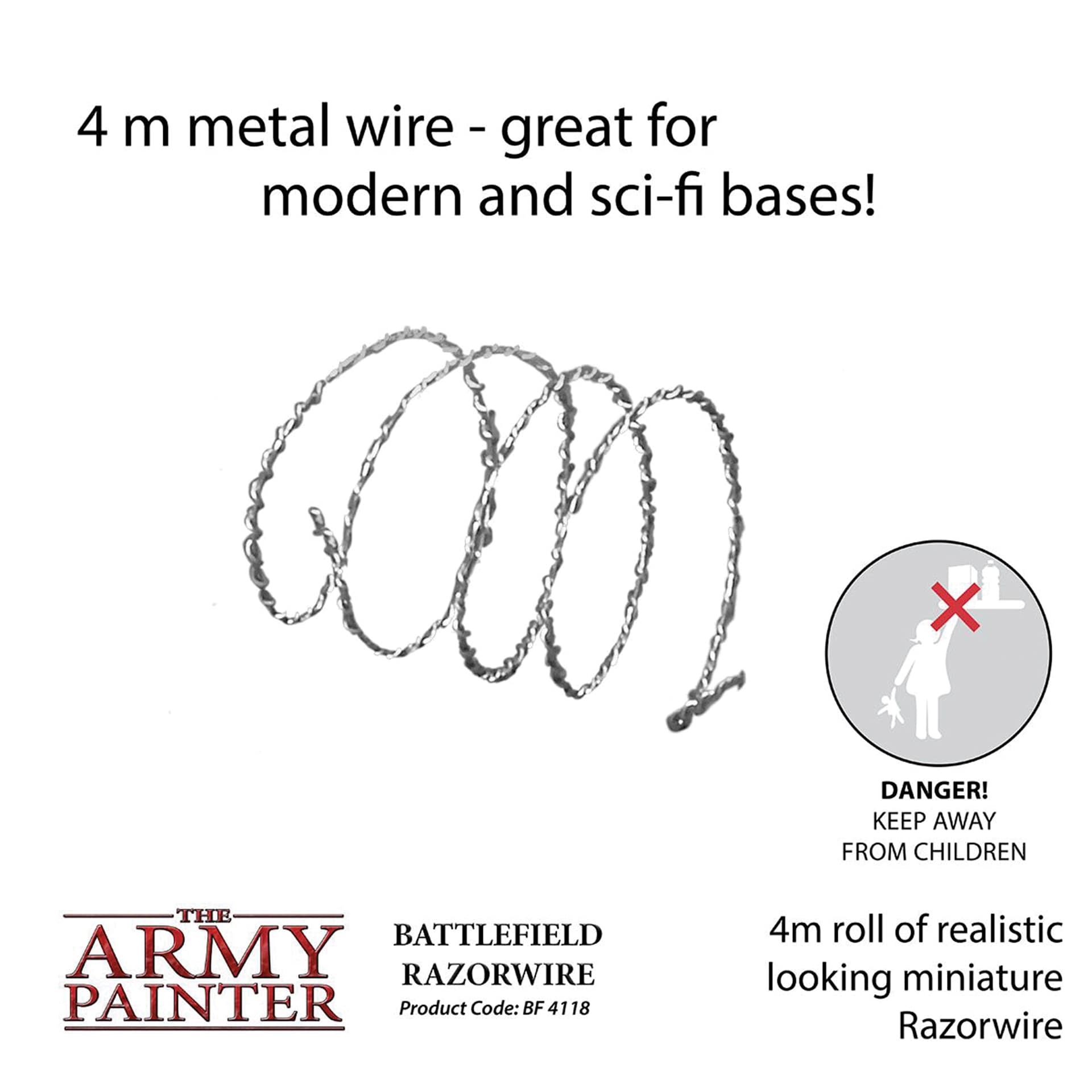 The Army Painter Razorwire. 4m metal wire - great for modern and sci-fi bases!  Danger! Keep away from children. 4 m roll of realistic looking miniature razorwire. Product Code BF4118