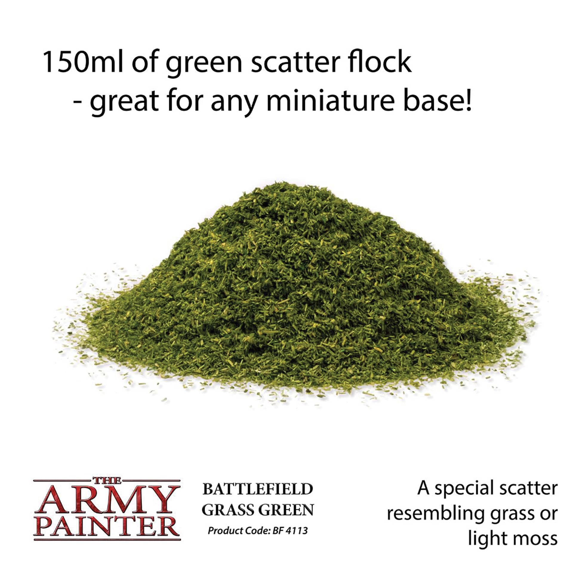 150 ml of green scatter flock - great for any miniature base! A special scatter resembling grass or light moss. Battlefield Grass Green Code BF4113