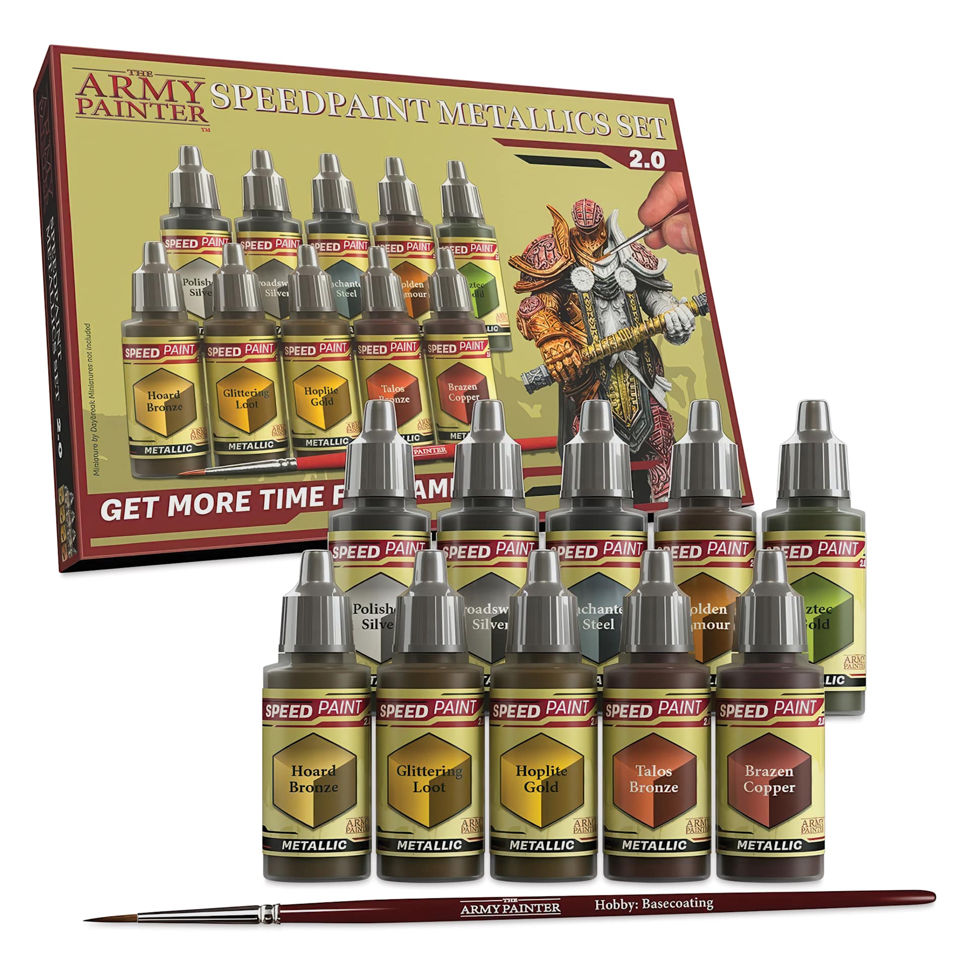 The Army Painter Acrylic Speedpaints - Set of 10, Metallics 2.0 packaging with included colors and basecoating brush.
