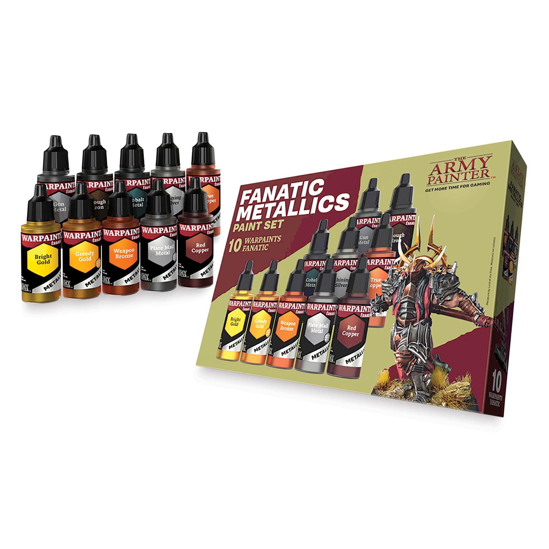The Army Painter Warpaint Fanatics Acrylic Paints - Set of 10, Metallic Set, 18 ml Bottles contents and packaging
