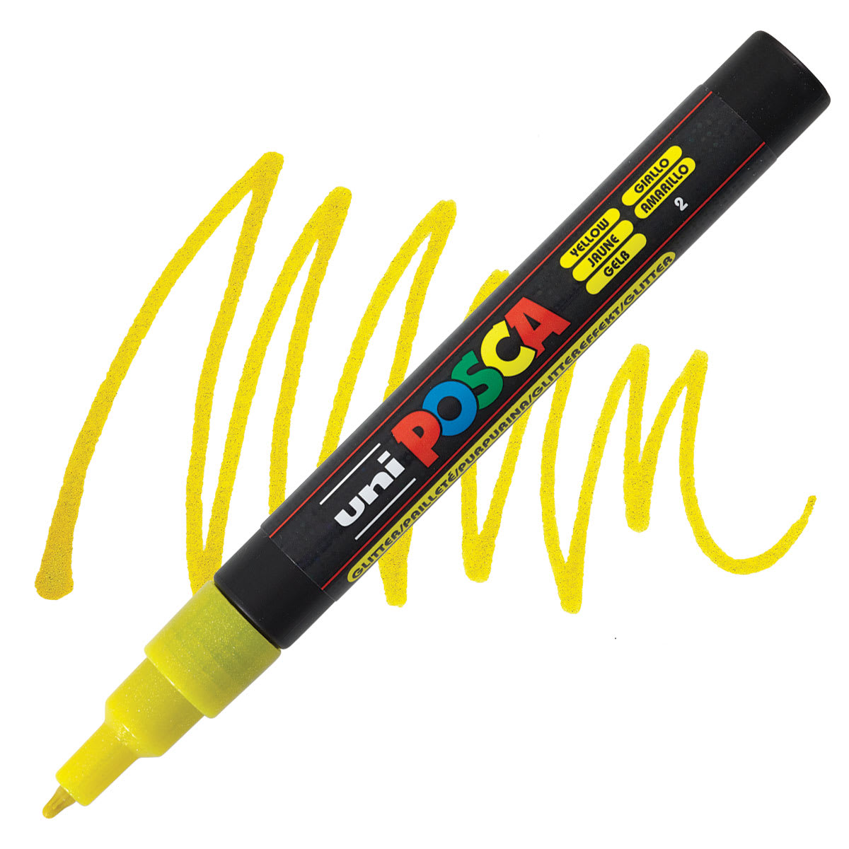 Posca Paint Marker - Glitter Yellow, Fine, Bullet Tip, 0.9 mm - 1.3 mm - marker and swatch