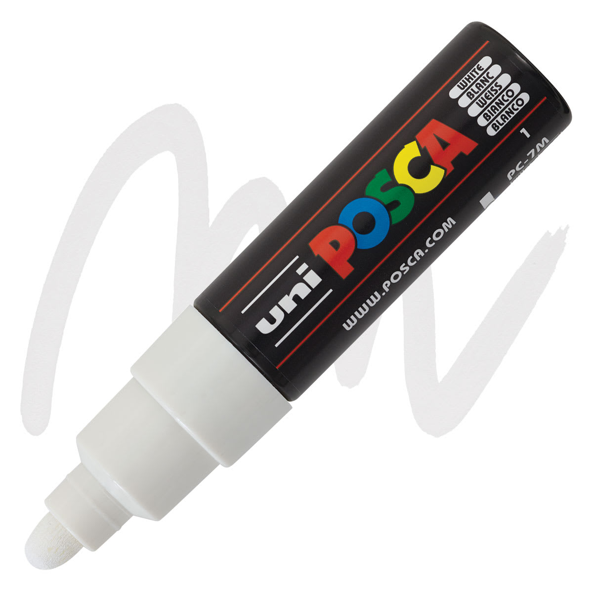 Uni Posca Paint Marker - White, Broad Bullet Tip, 4.5-5.5 mm marker and swatch