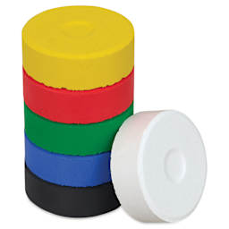Blick Essentials Tempera Cakes - Set of 6, Large, Primary Colors, stack of cakes with one on the side