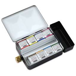 
Half Pan Set of 8 in Metal Travel Box  Left Front Angle Inside Open Package