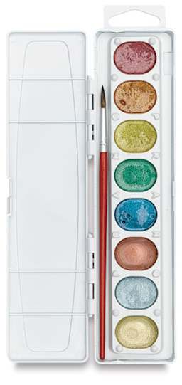 Prang Washable Watercolors - Oval Pans, Metallic Set of 8, showing pans in tray and brush
