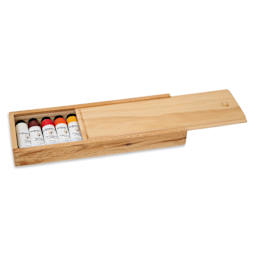 Lid on the Shiva Signature Artist Oil Colors - Set of 12, Jason Polins' Chromatic Colors slides into wooden box for secure storage