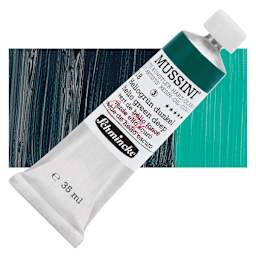 Schmincke Mussini Oil Color - Helio Green Deep, 35 ml tube and swatch