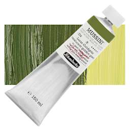 Schmincke Mussini Oil Color - Translucent Golden Green, 150 ml Tube and swatch