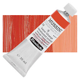 Schmincke Mussini Oil Color - Translucent Orange, 35 ml tube and swatch
