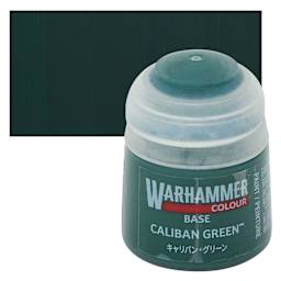 Warhammer Base Acrylic Paint - Caliban Green, 12 ml jar and swatch