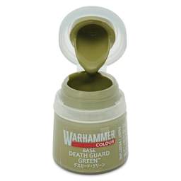 Warhammer Base Acrylic Paint - Death Guard Green, 12 ml jar open