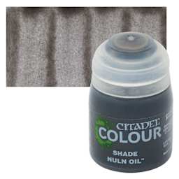 Citadel Shade Acrylic Paint - Nuln Oil, 18 ml bottle and swatch