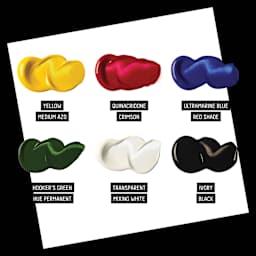 Yellow Medium Azo. Quinacridone Crimson. Ultramarine Blue Red Shade. Hooker's Green Deep Hue Permanent. Transparent Mixing White. Ivory Black.