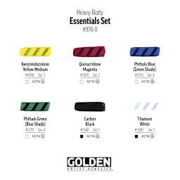 Golden Heavy Body Artist Acrylic Set - Essentials Set of 6, Assorted Colors, 59 ml Tubes, swatches