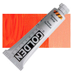 Golden Heavy Body Artist Acrylic - Fluorescent Orange, 2 oz Tube and swatch