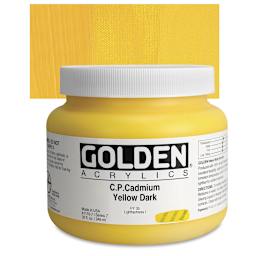Golden Heavy Body Artist Acrylic - Cadmium Yellow Dark, 32 oz Jar and swatch