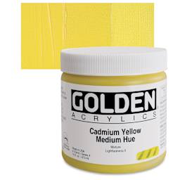 Golden Heavy Body Artist Acrylic - Cadmium Yellow Medium Hue, 16 oz Jar and swatch