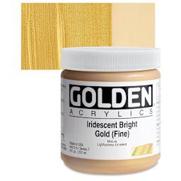 Golden Heavy Body Artist Acrylic - Iridescent Bright Gold (Fine)(65), 8 oz Jar and swatch