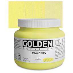 Golden Heavy Body Artist Acrylic - Titanate Yellow, 32 oz Jar and swatch
