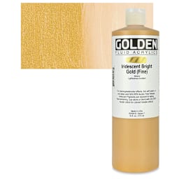 Golden Fluid Acrylic - Iridescent Bright Gold (Fine), 16 oz bottle and swatch
