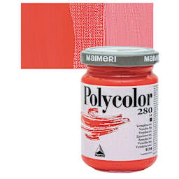 Maimeri Polycolor Vinyl Paint - Vermilion (Hue), 140 ml jar and swatch