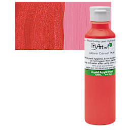 Tri-Art Liquid Artist Acrylic - Alizarin Crimson Hue, 120 ml bottle and swatch