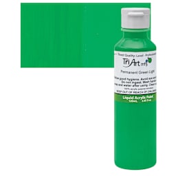Tri-Art Liquid Artist Acrylic - Permanent Green Light, 120 ml bottle and swatch