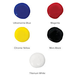 Blickrylic Student Acrylics - Color Mixing Set, 32 oz Bottles, dollops of mixing set colors