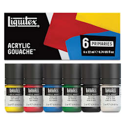 Liquitex Acrylic Gouache - Set of 6, Primaries, 22ml, contents and packaging