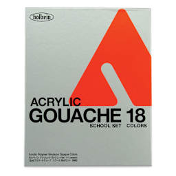 Holbein Acrylic Designer Gouache - Set of 18, 12 ml Tubes. Front of packaging.