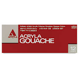 Holbein Acrylic Gouache - Lesson Set, Set of 12 colors, 20 ml Tubes. Front of packaging.