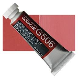 Holbein Artists' Gouache - Cadmium Red Purple, 15 ml tube and swatch
