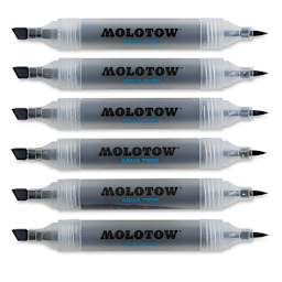 Molotow Aqua Twin Markers and Sets - 6 Markers from Grays Set 2 shown horizontally and uncapped