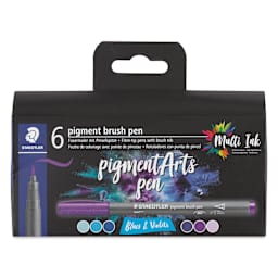 Staedtler Pigment Arts Brush Pens - Blues and Violets, Set of 6, front of the packaging