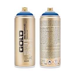 Montana Gold Acrylic Professional Spray Paint - Shock Blue, 400 ml (Front and back of spray can)