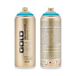 Montana Gold Acrylic Professional Spray Paint - 100% Cyan, 400 ml (Front and back of spray can)