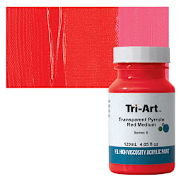 Tri-Art High Viscosity Artist Acrylic - Transparent Pyrrole Red Medium, 120 ml jar and swatch