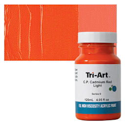 Tri-Art High Viscosity Artist Acrylic - C.P. Cadmium Red Light, 120 ml jar and swatch