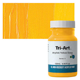 Tri-Art High Viscosity Artist Acrylic - Arylide Yellow Deep, 120 ml jar and swatch