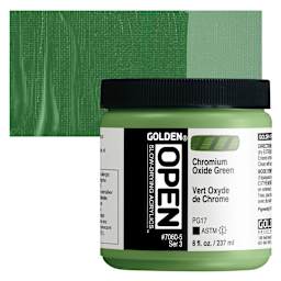 Golden Open Acrylic - Chromium Oxide Green, 8 oz Jar and swatch