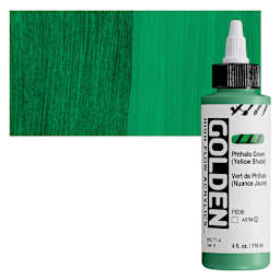 Golden High Flow Acrylic Paint - Phthalo Green (Yellow Shade), 4 oz bottle and swatch