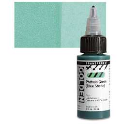 Golden High Flow Acrylics - Transparent Phthalo Green (Blue Shade), 1 oz bottle and swatch