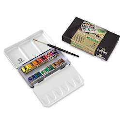 Rembrandt Watercolor Half Pan Set - 12 Landscape colors in open tin, with  sable brush and package