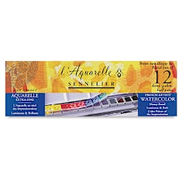 Sennelier French Artists' Watercolor Set - Metal Case, Set of 12 colors, half pans front of package