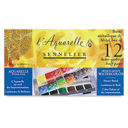 Sennelier French Artists' Watercolor Set - Metal Pocket Case, Set of 12 colors, half pans front of package
