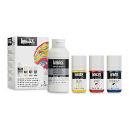 Liquitex Professional Soft Body Acrylics - Set of 3 with Iridescent Pouring Medium, Assorted Colors, Bottles (Shown in and out of packaging)