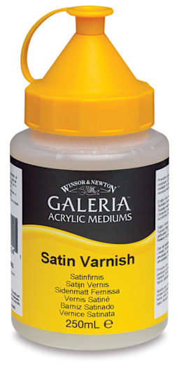 Winsor & Newton Galeria Acrylic Varnishes - Front of bottle of 250 ml Satin Varnish