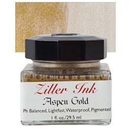 Ziller Ink - Aspen Gold Metallic, 1 oz bottle and swatch