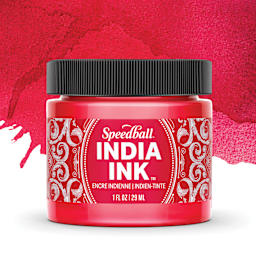 Speedball India Ink - Ruby, 1 oz, jar with swatch